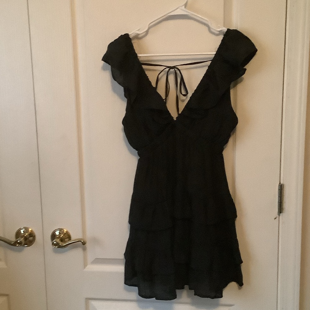 HYFVE Black Ruffle V-Neck Tiered Mini Dress